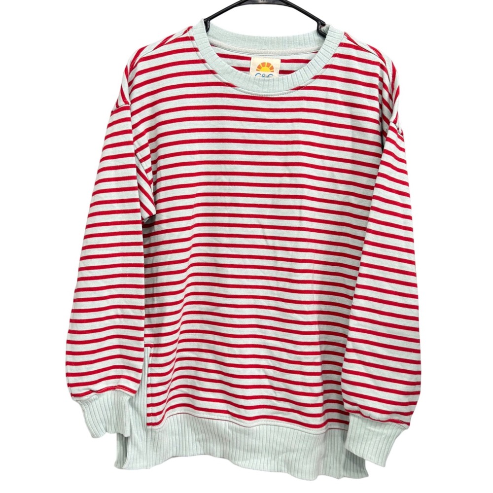 C & C California‎ Striped Pullover Sweatshirt, Red, Light Blue, Women's Small S